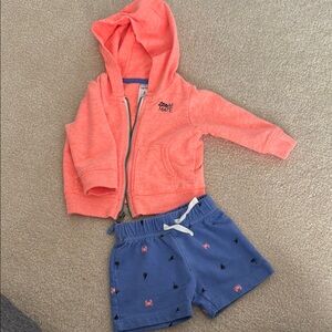 Carters Coral Little Mate Hoodie and Blue Shorts Set size 6 month